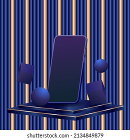 Minimalistic 3d isometric illustration cell phone. Smartphone perspective view. Side view. dark blue 3d stage with  gold ornament.