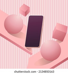 Teléfono celular de ilustración isométrica minimalista 3d. Vista de perspectiva del Smartphone. Vista lateral. 3d escenario con adorno de color pastel.