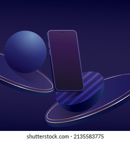 Teléfono celular de ilustración isométrica minimalista 3d. Vista de perspectiva del Smartphone. Vista lateral. 3° escenario azul oscuro con adorno dorado.