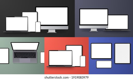 Dispositivo de conjunto de ilustraciones isométricas minimalista 3d. Smartphone, laptop, tablet, simulación de pc. Vista lateral y superior. Dispositivo genérico de mockup. Plantilla para infografías o presentación