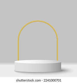 Minimalistic 3d podium with golden arc for display your brand products. Vector illustration. EPS 10