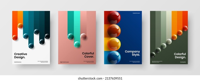 Minimalistic 3D spheres brochure concept composition. Amazing company cover A4 vector design illustration set.