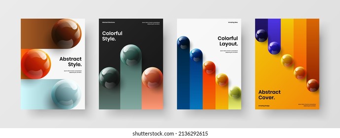 Minimalistic 3D spheres postcard template composition. Isolated leaflet A4 vector design layout bundle.