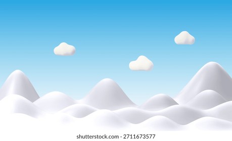 Ilustração de vetor 3D minimalista de nuvens e montanhas nevadas