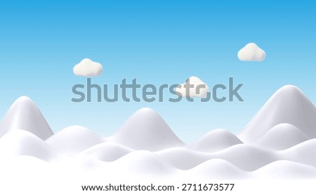 Minimalistic 3D Vector Illustration of Snowy Hills and Clouds