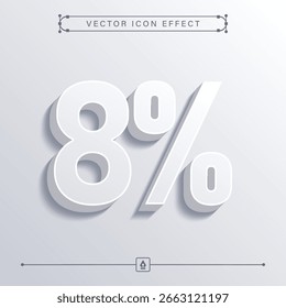 Minimalistic 3D White Icon with Smooth Vector Effect Representing 8 Percent for Finance and Investment