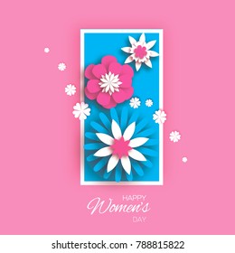 Minimalistic 8 March. Origami Happy Women's Day. Floral Greeting Card. Paper cut Pink Blue Flowers. Rectangle vertical frame. Text. Spring blossom holiday on pink. Traditional paper decoration.