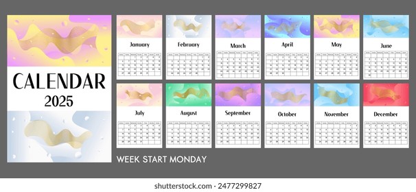 Minimalistic abstract A4 calendar 2025 with trendy colorful gradients spots and gold lines. Cover and 12 monthly pages.Vertical A3 A2 A6 formats. Week starts on Monday. Isolated on gray back.