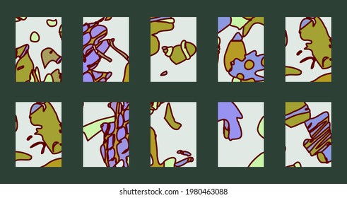 Minimalistic abstract art background set. Pre-made prints. Doodles various shapes templates. Fashionable concept cover, banner, poster, booklet.