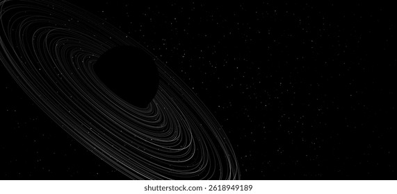 Fundo abstrato minimalista com planeta geométrico estilizado. Conceito de buraco negro com anel e estrelas. Capa de apresentação astronômica. Ilustração vetorial