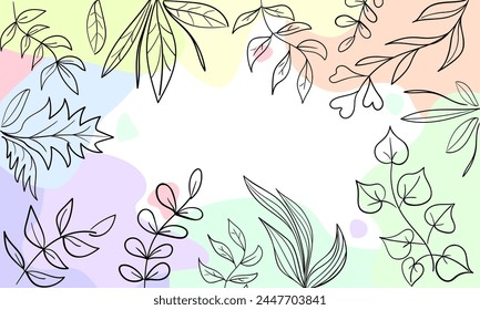 Minimalistic abstract background with black outlines of plants, branches and leaves around the edges of the template. Contemporary hand drawn plant leaves.