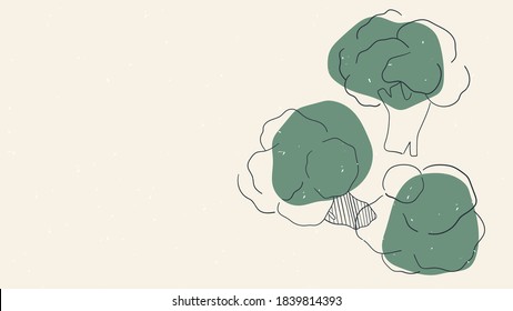 Minimalistic Abstract Background With Fresh Vegetables For Grocery Store Ad, Web Design, Cover. Illustration With Vegan Products. Bright Abstract Banner With Broccoli In Pastel Colors.