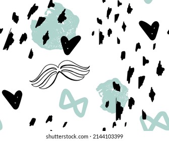 Minimalistic abstract background with hearts, spots and moustaches. Suitable for printing on paper and textiles. Fashionable vector background