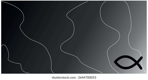 Minimalistic abstract background with soft curved white lines on a dark gradient and a black Christian fish symbol in the corner, perfect for modern design themes.