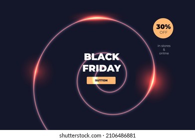 Minimalistic abstract banner with neon twisted line and lettering black friday on the dark background