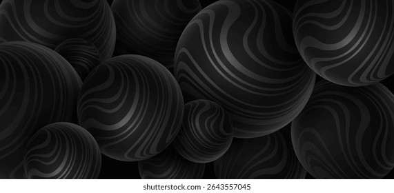 Minimalistic abstract black 3d spheres textured with glossy striped wavy pattern on dark background. Levitating bubbles for your sale design. Trendy futuristic backdrop. Vector illustration.