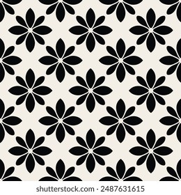 Minimalistische abstrakte schwarze Blumenmuster-Vektorgrafik. Schwarze Vektorgrafik mit floralem nahtlosem Muster, perfekt für Textildesign, Bildschirmschoner, Abdeckungen, Karten, Einladungen, Poster und mehr