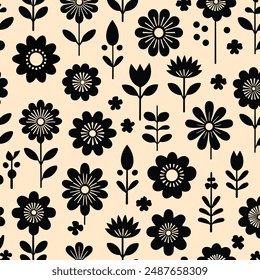 Minimalistische abstrakte schwarze Blumenmuster Vektorgrafik. Schwarze Blume nahtlose Muster Vektorgrafik perfekt für Textildesign, Bildschirmschoner, Abdeckungen, Karten, Einladungen, Poster
