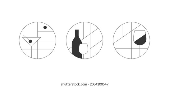 Minimalistic abstract black and white set. Painting for an alcoholic bar, shop, restaurant. Glass and bottle for red wine, martini. Nothing extra. Vector illustration symbol.