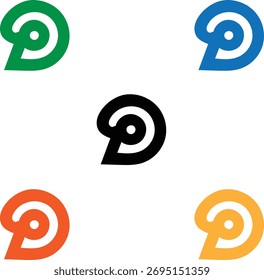 Um design abstrato minimalista com cinco ícones espirais idênticos dispostos em um padrão circular. Cada símbolo se assemelha a um "d" minúsculo estilizado ou a uma forma espiral com um ponto central,