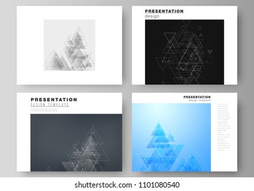 The minimalistic abstract editable vector layout of the presentation slides design business templates. Polygonal background with triangles, connecting dots and lines. Connection structure