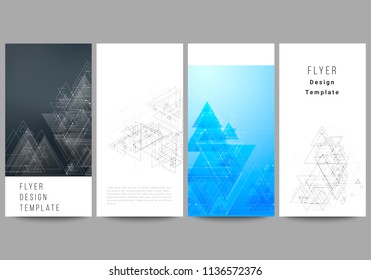 The minimalistic abstract editable vector layout of four modern vertical banners, flyers design business templates. Polygonal background with triangles, connecting dots and lines. Connection structure