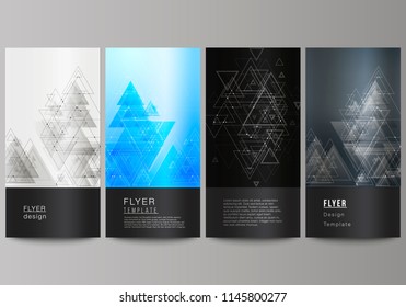 The minimalistic abstract editable vector layout of four modern vertical banners, flyers design business templates. Polygonal background with triangles, connecting dots and lines. Connection structure