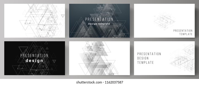 The minimalistic abstract editable vector layout of the presentation slides design business templates. Polygonal background with triangles, connecting dots and lines. Connection structure.