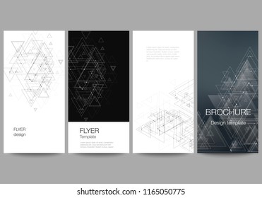 The minimalistic abstract editable vector layout of four modern vertical banners, flyers design business templates. Polygonal background with triangles, connecting dots and lines. Connection structure