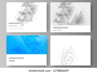 The minimalistic abstract editable vector layout of the presentation slides design business templates. Polygonal background with triangles, connecting dots and lines. Connection structure.
