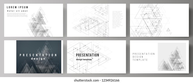 The minimalistic abstract editable vector layout of the presentation slides design business templates. Polygonal background with triangles, connecting dots and lines. Connection structure.