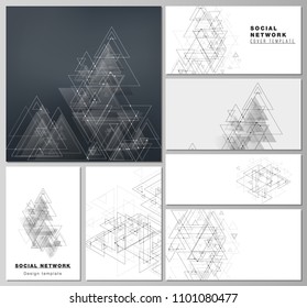 The minimalistic abstract editable vector layouts of modern social network mockups in popular formats. Polygonal background with triangles, connecting dots and lines. Connection structure