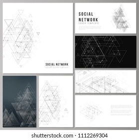 The minimalistic abstract editable vector layouts of modern social network mockups in popular formats. Polygonal background with triangles, connecting dots and lines. Connection structure.