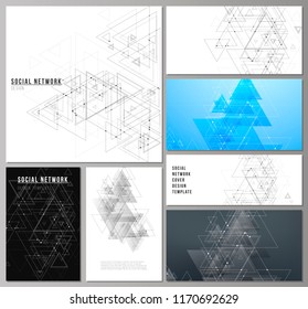 The minimalistic abstract editable vector layouts of modern social network mockups in popular formats. Polygonal background with triangles, connecting dots and lines. Connection structure.