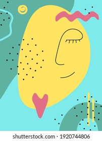 Minimalistisches abstraktes Gesicht. Printfähige moderne Wandkunst. Kunsthintergrund mit verschiedenen Formen und Flecken für Wanddekoration, Postkarte, Broschüre. Trendy abstrakte Linie Porträt Frau Gesicht. Vektorstock