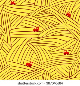 Minimalistic abstract farm seamless pattern with field and tractor