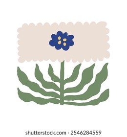 A minimalistic abstract floral illustration featuring a blue flower, beige background, and green leaves. Perfect for design projects, decor, and textiles, showcasing nature-inspired aesthetics