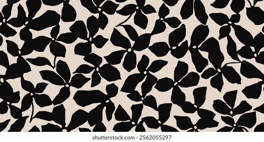 Minimalistic abstract floral pattern. Flower seamless background. Modern print in black and white. Ideal for textile design, fabric printing, wallpaper, covers, cards, posters. Vector illustrations.