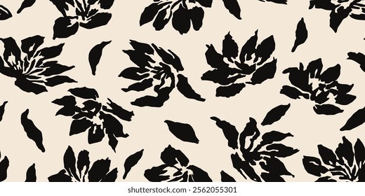 Minimalistic abstract floral pattern. Flower seamless background. Modern print in black and white. Ideal for textile design, fabric printing, wallpaper, covers, cards, posters. Vector illustrations.