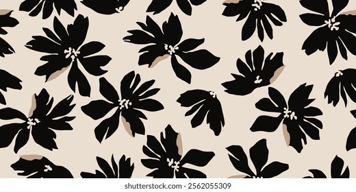 Minimalistic abstract floral pattern. Flower seamless background. Modern print in black and white. Ideal for textile design, fabric printing, wallpaper, covers, cards, posters. Vector illustrations.