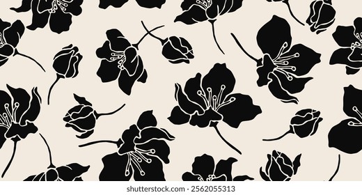 Minimalistic abstract floral pattern. Flower seamless background. Modern print in black and white. Ideal for textile design, fabric printing, wallpaper, covers, cards, posters. Vector illustrations.