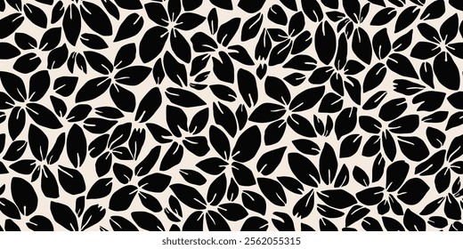 Minimalistic abstract floral pattern. Flower seamless background. Modern print in black and white. Ideal for textile design, fabric printing, wallpaper, covers, cards, posters. Vector illustrations.