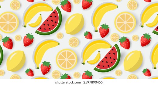 Minimalistic  abstract fruit pattern seamless background. Modern strawberry,orange,banana,  Perfect for textile design, screensavers, covers, cards, invitations and posters or summer background