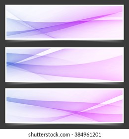 Minimalistic abstract futuristic flyer set with swoosh lines in blue to purple soft gradient. Vector illustration