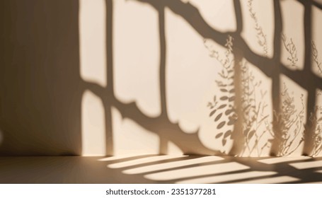 Minimalistic abstract gentle light beige background for product presentation with light and intricate shadow from the window and vegetation on wall Vector Illustration