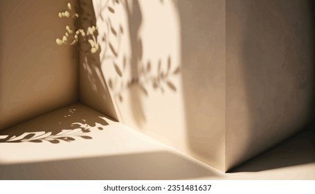 Minimalistic abstract gentle light beige background for  presentation with light and intricate shadow from the window and vegetation on wall Vector Illustration
