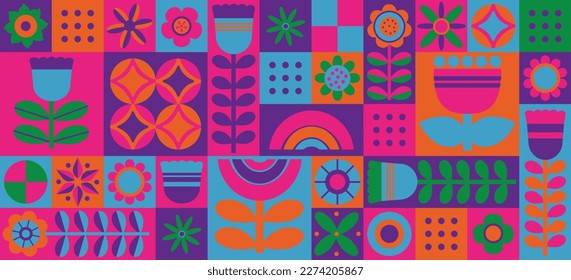 Minimalistic abstract geometric pattern. Modern repeatable modern colorful pattern tile design. Vector illustration. Colorful background set flower, figures, elements and forms. Hand drawn style .