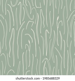 Minimalistic abstract grass seamless repeat pattern. Outline, doodled botany all over surface print on sage green background.