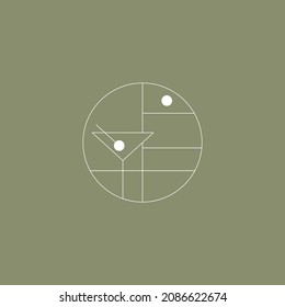 Minimalistic abstract green and white logo for alcoholic bar, shop, restaurant. Martini glass with olive. Nothing extra. Vector illustration symbol.