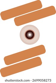 Ein minimalistisches abstraktes Symbol mit einer zentralen kreisförmigen Form, die einem Auge oder einer Linse ähnelt, umgeben von drei Paaren horizontaler, abgerundeter Balken in einer warmen, braunen Farbe. T